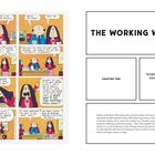 Links Illustration, Bürogespräch. Rechts: "THE WORKING WOMAN", "CHAPTER TWO", Zitat von Tayari Jones, Erklärung über Frauenarbeit.