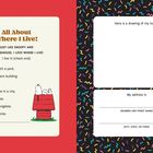 Text über Orte zum Wohnen; rechts Illustration von Snoopy auf seiner roten Hundehütte; bunte Muster.