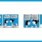 Es handelt sich um eine Illustration mit vier blauen Panels, jeweils mit Sprechblasen und Figuren in Silhouette.