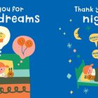 Links: "Thank you for sweet dreams". Ein Kind im Bett, Sprechblasen mit einem Mädchen und einem Muffin. Rechts: "Thank you for night". Ein Kind schläft im Bett mit Sprechblasen in verschiedenen Sprachen "Danke" sagend, umgeben von Sternen und einem Mond.