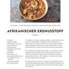 AFRIKANISCHER ERDNUSSTOPF, exotisch. Zutaten: Zwiebeln, Knoblauch, Aubergine. Zubereitung in drei Schritten beschrieben.