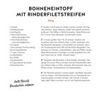 "Bohneneintopf mit Rinderfiletstreifen", Rezept für 2 Personen. Zutaten und Zubereitung in Schritten detailliert beschrieben.