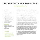 "Pflaumenkuchen vom Blech" Rezept mit Zutaten wie Butter, Eier, Birkenzucker und Anweisungen in fünf Schritten.