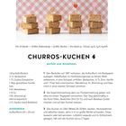 Für 16 Stücke, CHURROS-KUCHEN Rezept mit Herzdeko und Quadrate in 3 Stufen gestapelt vor kariertem Hintergrund.