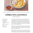 Titel: KÜRBIS-FETA-AUFSTRICH. Zutaten: Hokkaido-Kürbis, Olivenöl, Knoblauch, Zitrone, Schafskäse. Rezept: Kürbis backen, pürieren.
