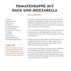 "TOMATENSUPPE MIT HACK UND MOZZARELLA" Rezept für 2 Personen. Zutaten u.a. Zwiebel, Knoblauch, Paprika. Veggie-Tipp unten.