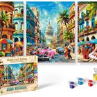 "Malen nach Zahlen: KUBA NOSTALGIE." Eine bunte Straßenansicht mit Oldtimern, Tänzern und exotischen Gebäuden.