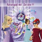 Der Text lautet: "Rätselspaß mit 'Die drei !!!'". Illustration mit drei Mädchen auf einer Party mit Masken und einer Discokugel.