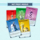 Text: "MIT PROFI-MODUS", "TOWER", "GEWÄCHSHAUS", "TECH-TORNILLO", "OBSERVATORIUM", "GALAKTISCHE BANK". Karten mit futuristischen Gebäuden.