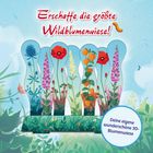 Text: "Erschaffe die größte Wildblumenwiese! Deine eigene wunderschöne 3D-Blumenwiese." Illustration mit bunten Blumen.
