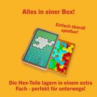 "Alles in einer Box! Einfach überall spielbar! Die Hex-Teile lagern in einem extra Fach - perfekt für unterwegs!"  
Tablet und bunte Hex-Teile.
