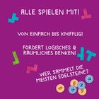 "ALLE SPIELEN MIT! VON EINFACH BIS KNIFFLIG! FÖRDERT LOGISCHES & RÄUMLICHES DENKEN! WER SAMMELT DIE MEISTEN EDELSTEINE?" Auf einem bunten Hintergrund befinden sich spielsteinartige Formen und Edelsteinsymbole.