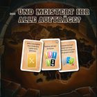 „… UND MEISTERT IHR ALLE AUFTRÄGE?“ Drei Spielkarten vor einer geheimnisvollen Landschaft.