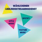 "WÄHLE DEINEN LIEBLINGSSTREAMINGDIENST" in Blau, mit bunten dreieckigen Logos: Gelb, Pink, Türkis.