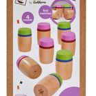 „4 sounds“, „find matches“, „montessori by Eichhorn“. Bunte Holzzylinder. Geeignet ab 2 Jahren.
