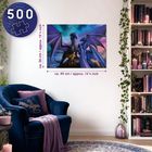 "500 Teile, ca. 36 cm / approx. 19 ⅜ inch, ca. 49 cm / approx. 14 ¼ inch". Illustration zeigt zwei Drachen in einem Wohnzimmer.