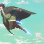 Ein Charakter in grünem Outfit fliegt dynamisch am Himmel mit blau leuchtenden magischen Klingen an seinen Stiefeln.