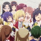 Eine Gruppe fröhlicher Anime-Charaktere umgibt eine Person in Ritterrüstung. Sie wirken glücklich und freundlich.