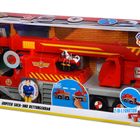 "Jupiter Such- und Rettungskran", rotes Spielzeugfeuerwehrauto mit beweglichem Kran, Figuren von Feuerwehrleuten.