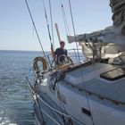 Ein Mann navigiert ein Segelboot auf offener See, bei strahlendem Sonnenschein, mit gefaltetem Segel und klarem Himmel im Hintergrund.