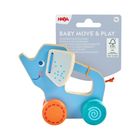 "Baby Move & Play" ist der Titel, ein blauer Elefant mit bunten Rädern zum Schieben darunter.