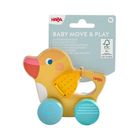 „BABY MOVE & PLAY“, „SCHIEBEFIGUR ENTE“. Holzente mit zwei blauen Rädern und gelbem Flügel, HABA-Logo.
