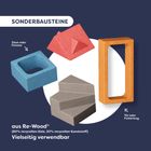 "Sonderbausteine: Zaun oder Fenster, Tür oder Futtertrog. Aus Re-Wood®, vielseitig verwendbar." Bunte Formen auf dunkelblauem Hintergrund.