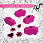 „STYLISCHER LOOK IN NEONFARBEN“. Pinke Figuren mit schwarzen Symbolen; Blätter und ein Eichhörnchen im Hintergrund.