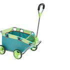 Ein türkisfarbener Handwagen mit grünem Griff, grünen Rädern und Netz.