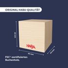 "ORIGINAL HABA-QUALITÄT. FSC®-zertifiziertes Buchenholz." Ein Holzblock mit HABA-Logo, Maße: 40 x 40 x 40 mm.