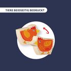 Text: "TIERE BEIDSEITIG BEDRUCKT". Zwei Holzhühnchen mit buntem Aufdruck, eines zeigt eine Drehbewegung.