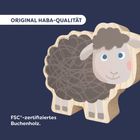 Text: "ORIGINAL HABA-QUALITÄT", "FSC®-zertifiziertes Buchenholz." Holzfigur eines Schafs mit grauer Wolle und freundlichem Gesicht.