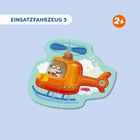 "Einsatzfahrzeug 3" oben links, "2+" im orangefarbenen Kreis. Illustration: Kind im orangen Hubschrauber, blauer Hintergrund.