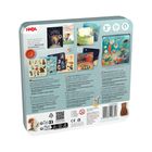 Logo "HABA". Text: "Direkt inspiriert von der wundervollen Welt des Kinderbuches 'Mein Knopf, ein Universum' von Carmen Kroll". Abbildungen von Spielmaterial und Buchumschlägen. Empfohlen ab 3 Jahren, 66 Teile. Illustrationen bunt und fantasievoll.