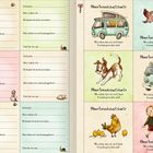 Vier Freundschaftskarten mit Fragen zu Name, Wohnort, und Kontakt. Illustrationen von Tieren, einem Hund, einem Van und Kindern.