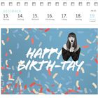 Kalenderwoche 50: 13. bis 19. Dezember. Illustration: "HAPPY BIRTH-TAY" mit fröhlicher Frau und Konfetti.