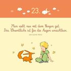 Zitat aus "Der Kleine Prinz": Man sieht nur mit dem Herzen gut. Illustration mit kleinem Prinzen und Fuchs.