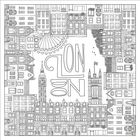 „LONDON“ in großen Buchstaben. Illustration von städtischen Gebäuden und Wahrzeichen in einem quadratischen Design.