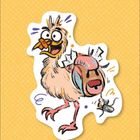 Eine lustige Illustration eines in Panik geratenen Laufvogels mit Rucksack auf gelbem Hintergrund.