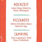 HOCHZEIT, PIZZABOTE, CAMPING - Begriffe wie Liebe, liefern, Zelt. Roter Hintergrund, verspieltes Design.