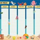 Oberhalb: "Am Meer". Spalten: Urlaubsland, Ferienort, Gewässer, Meerestier, Strandspiel, Getränk, Punkte. Verspielte Illustrationen bunt verteilt.