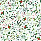Illustration mit verschiedenen grünen Blättern und roten Beeren auf weißem Hintergrund, weihnachtliches Muster.