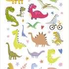 Bunte Dinosaurier-Illustration mit spielenden und lächelnden Dinosauriern in verschiedenen Farben und Formen sowie Herzen und Blumen.