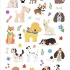 Illustration fröhlicher Hunde in verschiedenen Posen, umgeben von bunten Blumen, Bällen und Knochen.