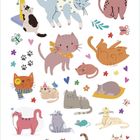 Bunte illustrationen von Katzen in verschiedenen Posen mit Blumen, Schmetterlingen und Herzsymbolen.