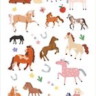 Texte nicht identifizierbar. Gemalte Pferde in verschiedenen Farben und Positionen, umgeben von Blumen- und Hufeisenmotiven.