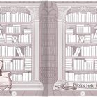 „Bibliothek“ steht auf einem Band am Boden. Ein Sessel links, Bücherregale im Hintergrund, Straßenlaterne rechts.