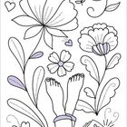 Eine Illustration mit Blumen, Herzen, einem Buch und Füßen. Eine Person hält eine Tasse, umgeben von floralen Mustern.
