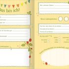 Zwei Seiten mit Textfeldern wie "Das bin ich!", "Ich heiße", "Meine Haarfarbe". Illustration mit Erdbeeren und Einhorn.