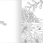 Links ein rennender Hase, rechts Landschaft mit Bäumen und Stechpalmen. Linienzeichnung ohne Farbe.